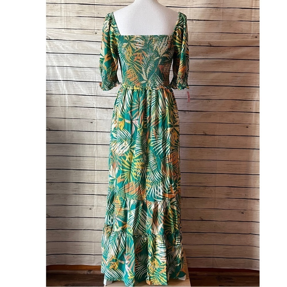 BETSEY JOHNSON Smocked Maxi Dress in Green Tropical Leaf Print Size X-Small - Picture 16 of 16